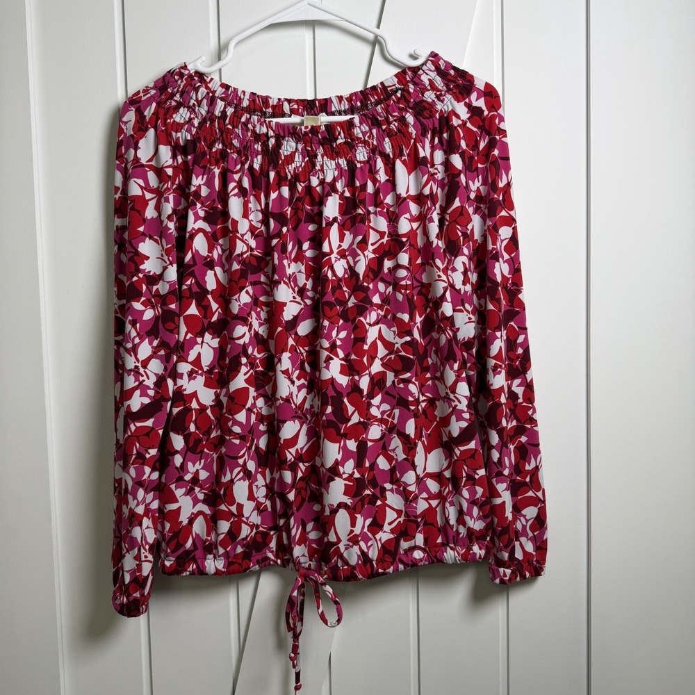Michael Kors Floral smocked blouse White Red Pink Size Small Contemporary Chic